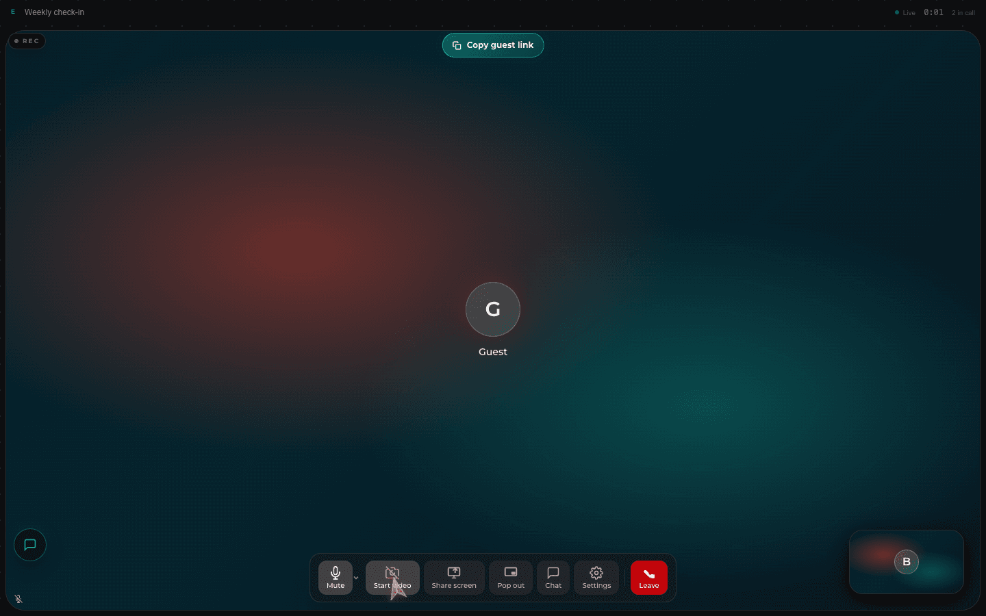 Actual Emerson meeting interface with two participants, camera controls, chat, and a guest invitation link